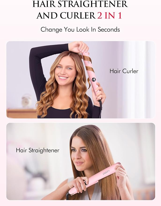 LANDOT 2-in-1 Hair Straightener and Curler - Upgrade Twist Flat Curling Iron for Sleek Straight, Bouncy Curls, Beach Waves, Tourmaline Ceramic, Dual Voltage, Adjust Temp 250-450°F for All Hair Types