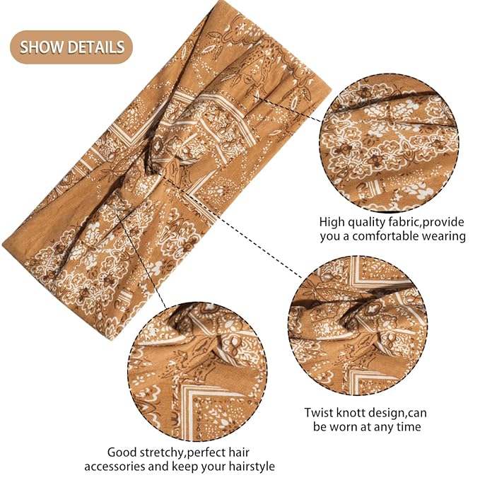 Artilady 6 Pack Boho Headbands for Women - Wide Bandana Headband Non Slip Stretchy Cheetah Paisley Print Turban Headwarp Twisted for Girls