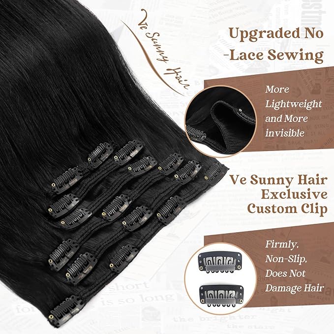 Ve Sunny Clip in Hair Extensions Real Human Hair, Black Clip in Hair Extensions Remy Hair Extensions Clip ins for Women 22inch 120g 7Pcs