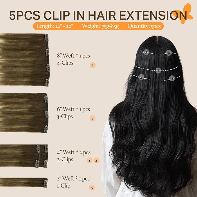 DOORES Human Hair Extensions Clip in, 80g 5pcs 18 Inch Balayage Walnut Brown to Ash Brown and Bleach Blonde, Remy Clip in Hair Extensions Straight Natural Hair Weft
