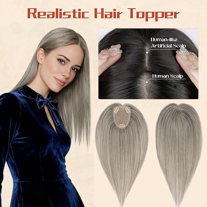 Rich Choices Human Hair Toppers for Women-100% Real Remy Hair Topper No Bang-Upgraded 150% Density 9 * 12CM Lace Base-Clip in Hairs Topper for Thinning Hairs-10Inch #G3 Salt and Pepper Grey