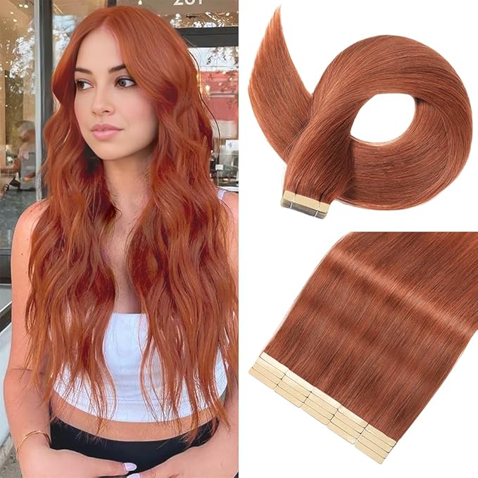 Dark Reddish Auburn Tape in Hair Extensions Human Hair,14 Inch Human Hair Tape in Extensions 20Pcs Tape Ins Human Hair Extensions for Women Seamless Tape in Hair Extensions Real Human Hair