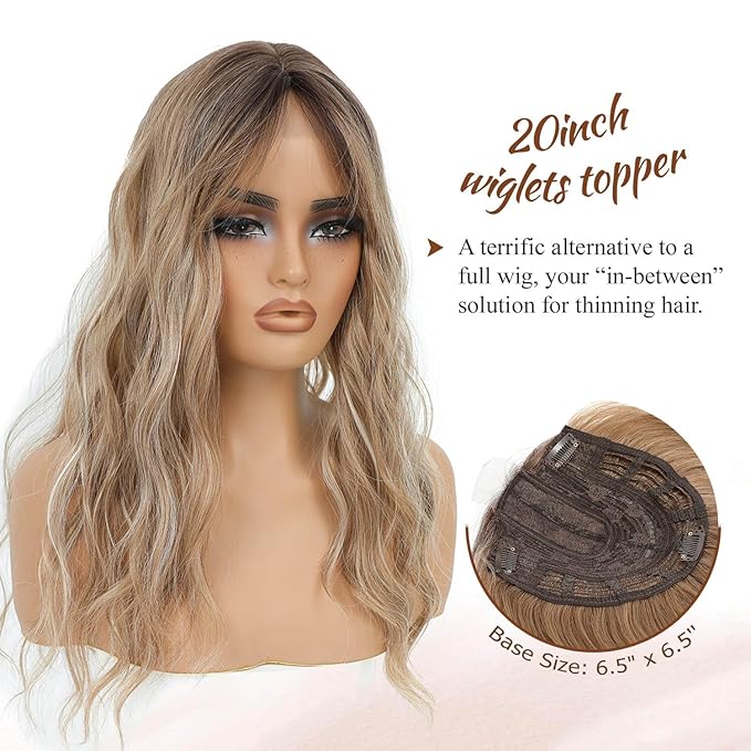 MORICHY Hair Toppers for Women with Thinning Hair 20inch Long Wavy Hair pieces for Women Synthetic Wiglets Topper with Bangs Clip in Light brown with Blonde Highlights