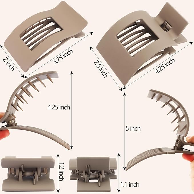 Velscrun Flat Hair Clips for Women Girls, 2 Styles 8 Pcs Lay Flat Claw Clips, Strong Hold French Duck Billed Large Side Hair Jaw Clip for All Hair Types, Non Slip Grip for Daily Styling Brown