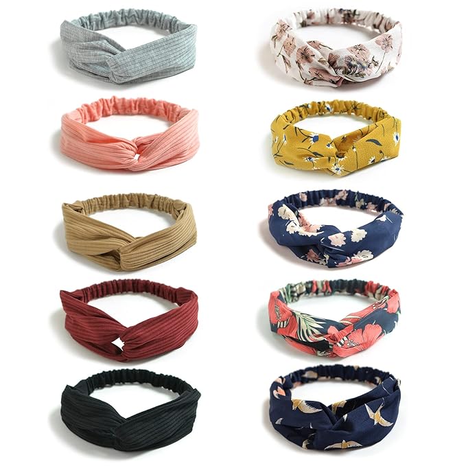 DRESHOW 10 Pack Boho Headbands for Women Girls Criss Cross Elastic Hair Band Twisted Head Wrap Floral Hair Accessories