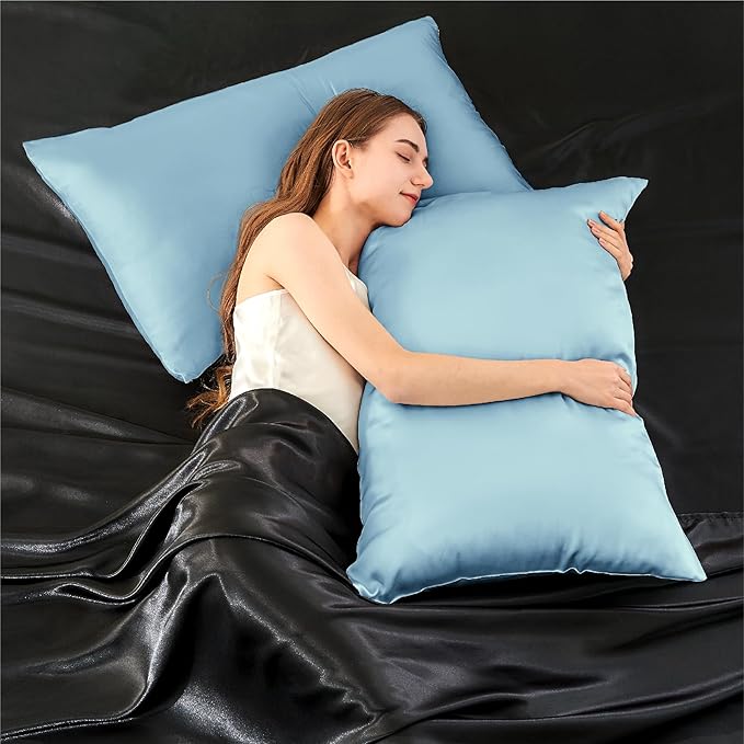 INFIIXSO Silk Pillow Cases 2 Pack Standard Size, Ultra Smooth & Soft Mulberry Silk Pillow Case for Hair and Skin, Breathable Cooling Silk Pillowcase with Hidden Zipper (Light Blue, 20x26 Inches)