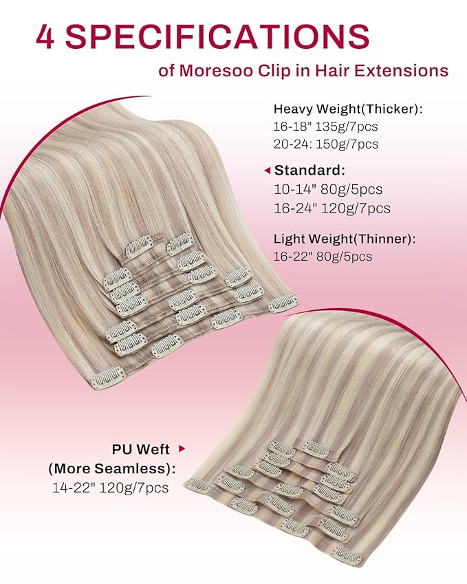 Moresoo Clip in Hair Extensions Remy Double Weft Human Hair Clip in Extensions Straight Hair Extensions for Women Ash Blonde Highlight with Blonde 7pcs 120g 24inch