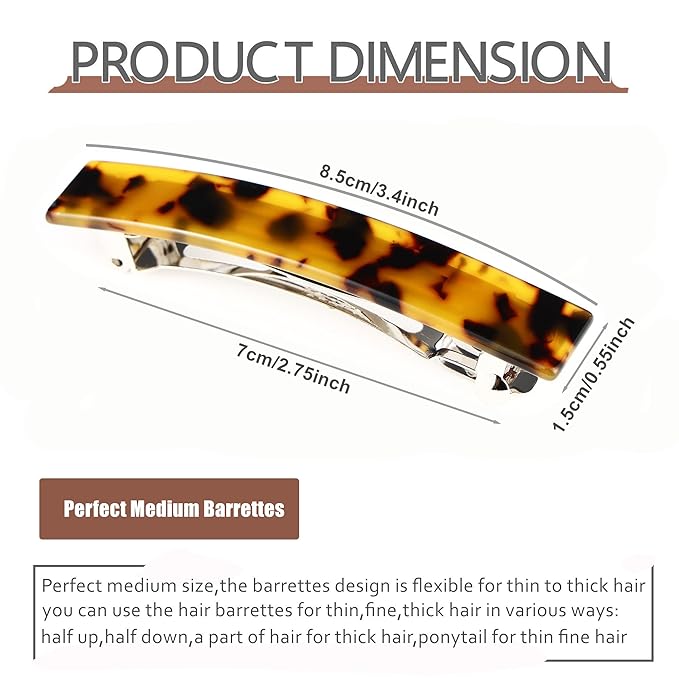 2 Pcs Hair Barrettes for Women Medium French Design Barrette clips Acetate Tortoise Shell Hair Clips for Thin Fine Hair