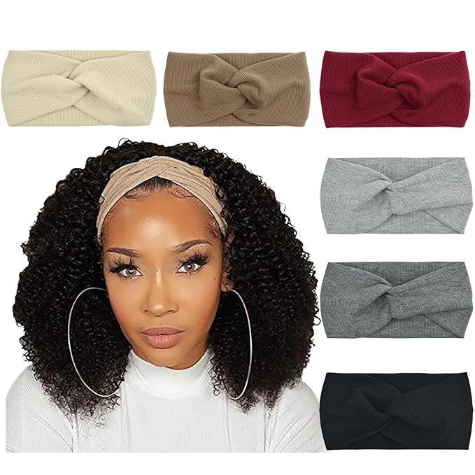 DRESHOW 6 Pack Turban Wide Headbands for Women Headwraps Knotted Elastic Yoga Workout Solid Color Hair Accessories