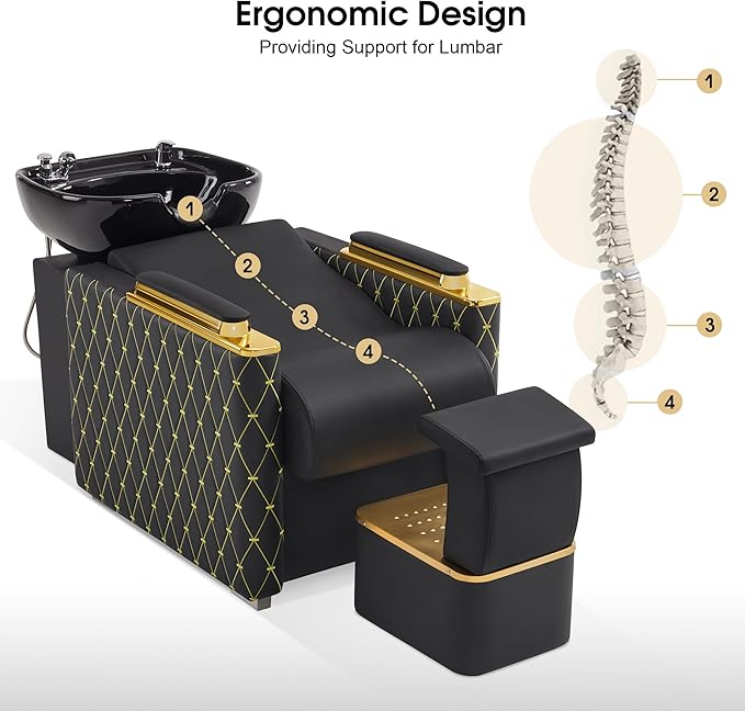 BarberPub Backwash Shampoo Station Chair with Porcelain Ceramic Hair Wash Bowl, Vacuum Breaker, Professional Black&Gold Shampoo Chair and Bowl Unit for Salon and Spa 8613 (Black&Gold)