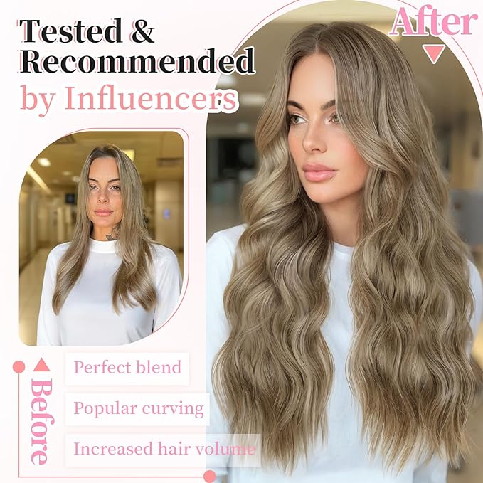 KooKaStyle Hair Extensions Ashy Taupe Blonde Clip in Synthetic Highlight Long Wavy 4PCS Thick Hairpieces for Daily Use 20 Inch for Women