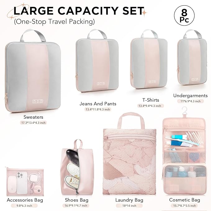 OlarHike 8 Set Compression Packing Cubes,Christmas Gifts for Women Mom Girl,Compressible Expandable Luggage Clothes Organizer for Travelers,Airplane/Cruise/Car/Train Travel Essentials(Beige)