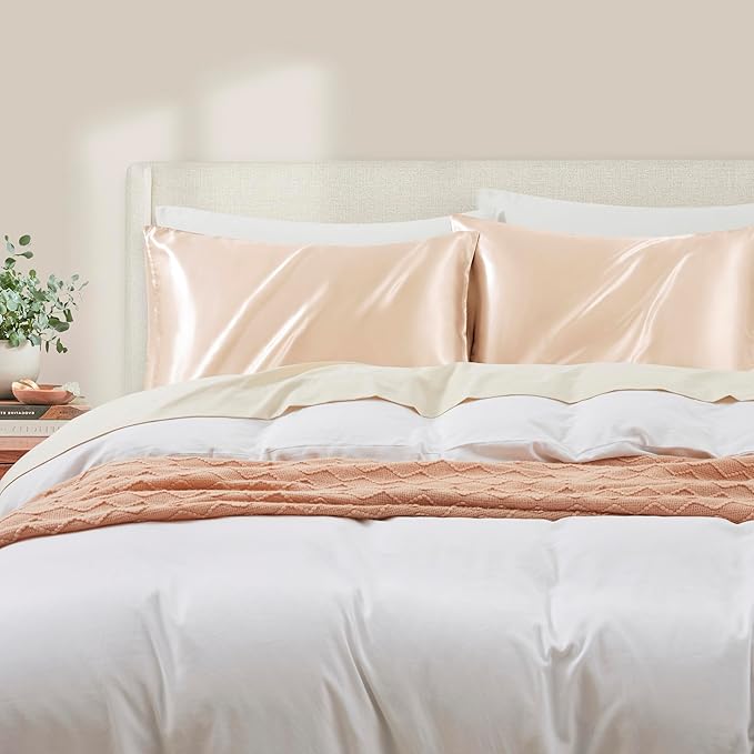 Champagne Satin Pillowcase Queen Size Set of 2 for Hair and Skin, Champagne Silk Pillowcase Breathable Pillowcase with Envelope Closure