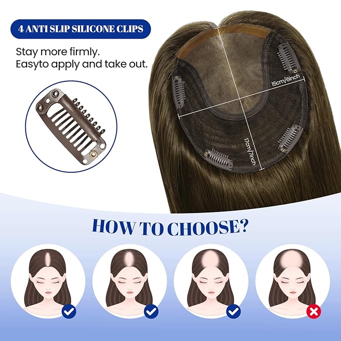 WORLDSTAR Hair Topper for Women Real Human Hair 360°3D Coverage Hairpieces Hand-stitched, No Bangs,75g,6 * 7 Inch Base,16 Inch #4 Medium Brown with Top Extension for Thinning Hair (tp#4-16)