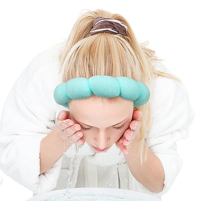 Zkptops Spa Headband for Washing Face Wristband Set Sponge Makeup Skincare Headband Terry Cloth Bubble Soft Get Ready Hairband for Women Puffy Padded Headwear Non Slip Thick Hair Accessory(Turquoise)