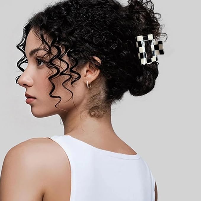 3 PCS Checkered Hair Claw Clips for Thick and Thin Hair Large Hair Clips Square Y2K Hair Checker Barrettes Black And White Checkered Jaw Clip Non Slip Checkerboard Clamps Hair Accessories for Women