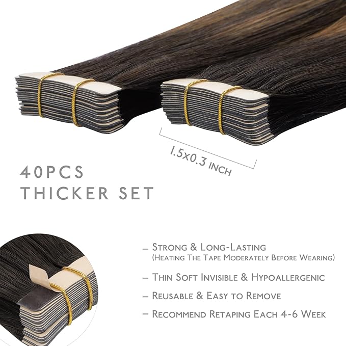 WENNALIFE Tape in Hair Extensions Human Hair, 40pcs 100g 20 inch Balayage Dark Brown Mixed Chestnut Brown Hair Extensions Real Human Hair Straight Tape in Extensions Invisible Human Hair Extensions