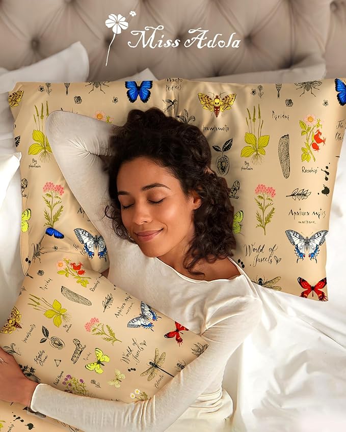 2 Pack Mulberry Silk Pillowcase for Hair and Skin - Standard Size 20 x 26 Inches with Hidden Zipper Plants Butterfly 19 Momme Soft Sleeping Silk Pillow Case for Women, Moms