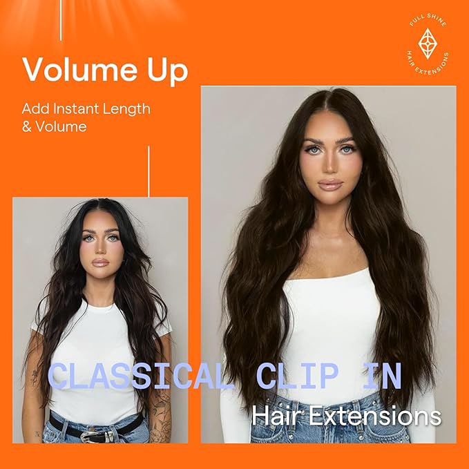 Full Shine Brown Clip in Hair Extensions 26 Inch Dark Brown Extensions Clip ins Human Hair for Homecoming for Teen Girls 7 Pcs 150 G