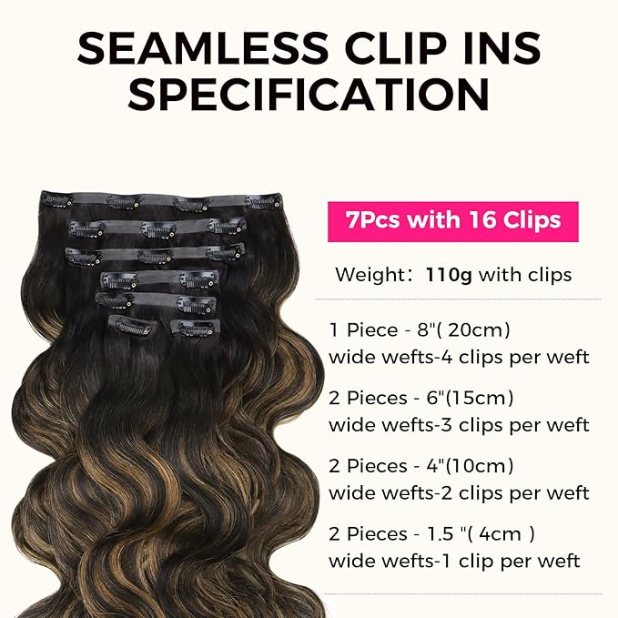 Lashey Seamless Clip in Hair Extensions Human Hair Natural Black Mixed Chestnut Brown Body Wave Clip in Hair Extensions with Invisi Edge 7pcs 110g 20 Inch