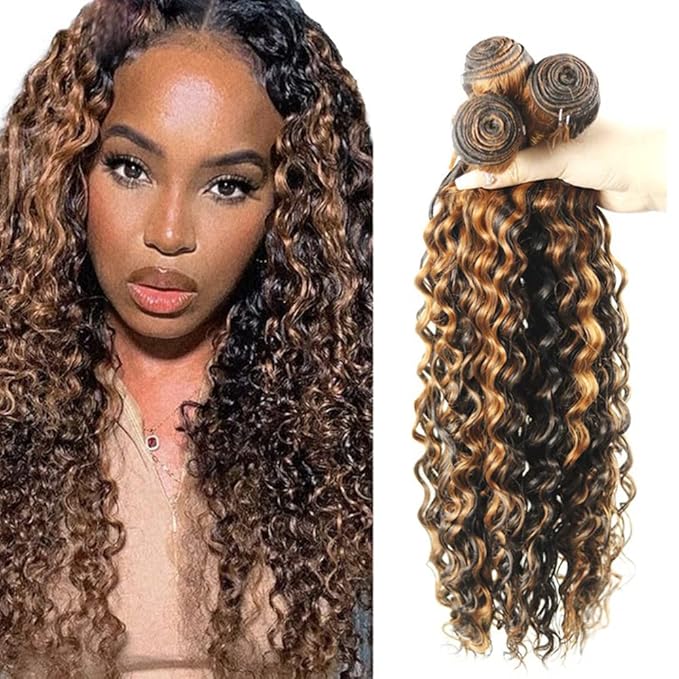 28 30 32 Inch P1B30 Bundles Human Hair Highlight Deep Wave Bundle Brazilian Virgin Remy Hair Extensions Niegmeag 2 Tone Black and Light Brown Deep Wave Bundle 300g