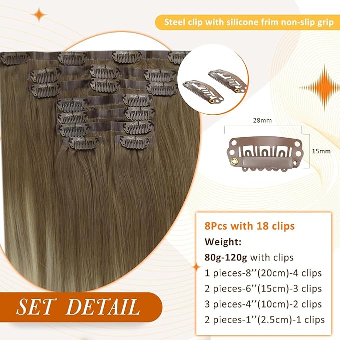 Full Shine Ombre Seamless Clip in Hair Extensions Ash Brown Ombre Platinum Blonde for Women Invisible Remy Hair Extension Clip ins 16 Inch 120 Grams 8 PCS