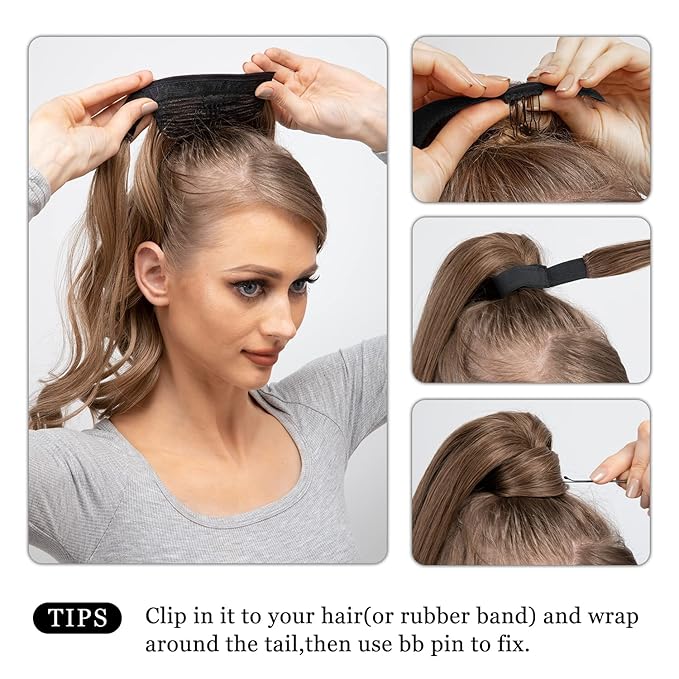 CJL HAIR 18" Long Ponytail Hair Extension Wrap Around Pony Tail Clip in Curly Wavy Synthetic Fake Hairpiece for Women Jet Black