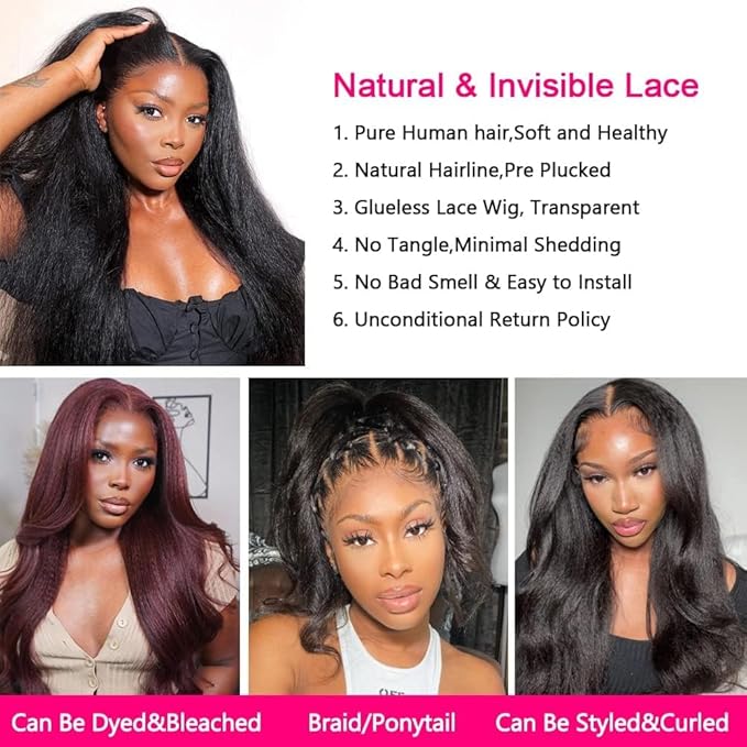 GOLFMAX 30 Inch Yaki Straight Lace Front Human Hair Wig 13x4 Transparent Lace Frontal Wig Pre Plucked Hairline 100% Human Hair Wigs For Black Women Kinky Straight Natural Hairstyles