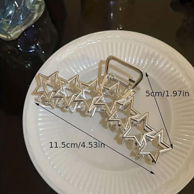 Metal Hair Claw Clips, 1Pcs Stylish Star Pattern Claw Clip for Thin & Thick Hair - Easy Back Styling Accessory (Silver Star)
