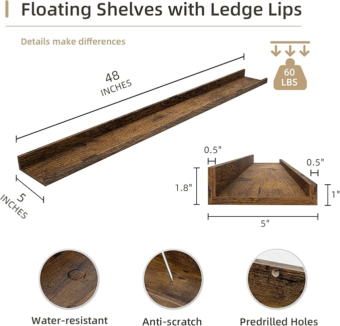 Picture Ledge Shelf, Wood Long Floating Shelves for Wall, Set of 2, 48 inch Picture Ledge Shelves, Photo Ledge Nursery Book Shelves Wall Mounted for Living Room Kids' Room Bedroom, Color Brown