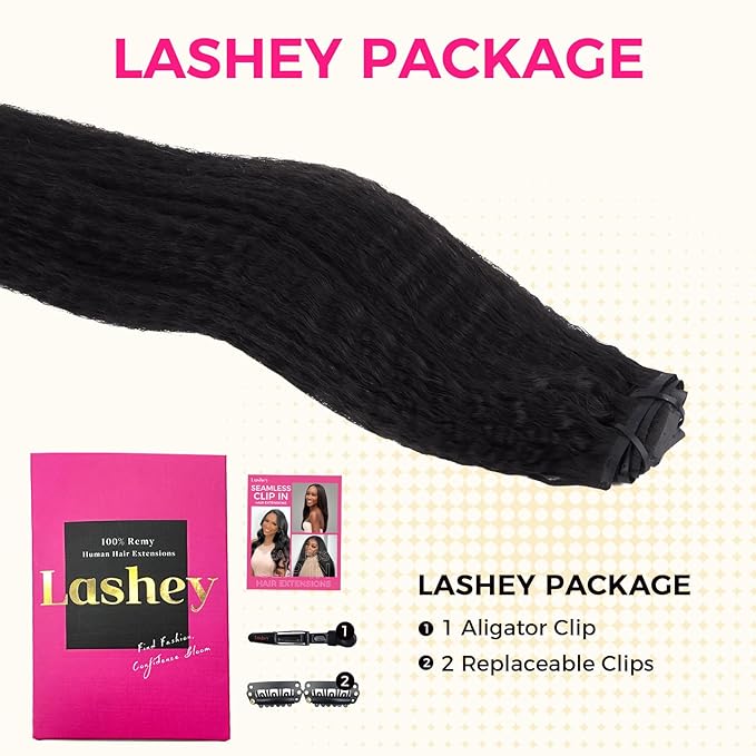 Lashey Seamless Clip in Hair Extensions Human Hair 130g 9pcs #1 Jet Black 16 Inch Kinky Straight Clip in Hair Extensions Real Human Hair with Flat PU Invisi Edge Full Pack