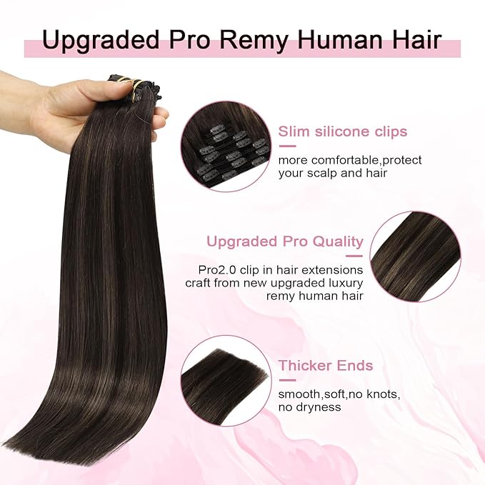 Pro2.0 Clip in Hair Extensions Real Human Hair 120g Thick 7pcs Color #2/6/2 Balayage Dark Brown to Chestnut Brown Remy Real Human Hair Extensions Clip ins 14inch Double Weft（#2/6/2-14inch）