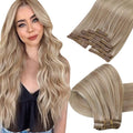 Ve Sunny Real Hair Clip in Extensions Blonde Highlight Warm Color Hair Extensions for Women Remy Clip in Human Hair Extensions Straight 7pcs 14 inch 100g