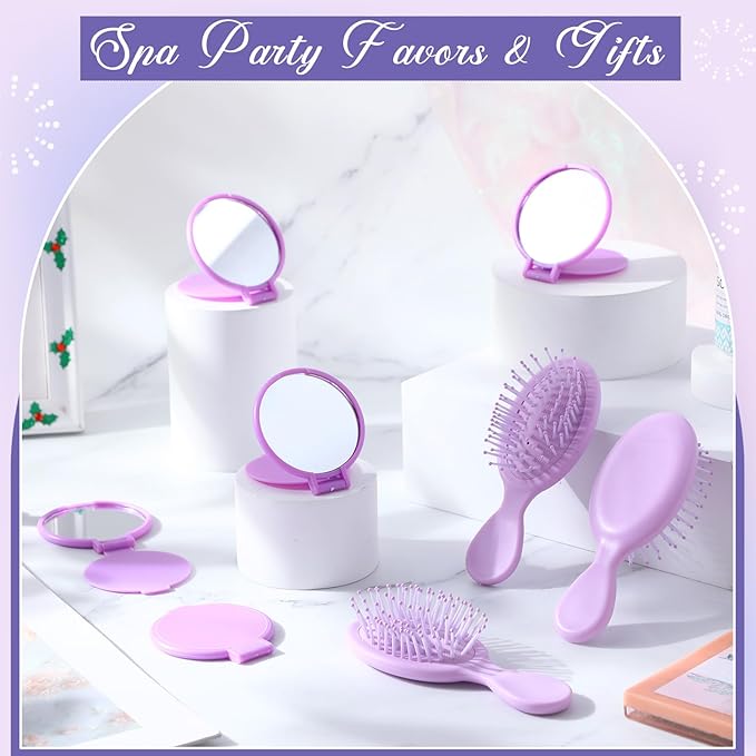 Meanplan 48 Pcs Mini Hair Brush Set 24 travel Wet Dry Hair Combs Pocket Detangling 24 Compact Folding Makeup Mirrors for Spa Sleepover Birthday Bridal Shower Bachelorette Christmas Party Gift(Purple)