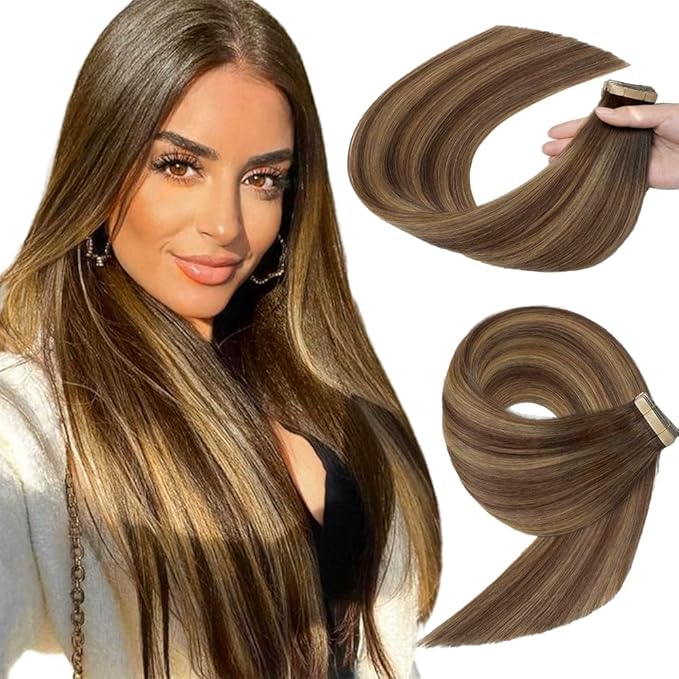 Tape in Hair Extensions Real Human Hair 24 Inch Chocolate Brown Mixed Honey Blonde Tape for Skin Weft Hair Extension Invisible Tape in Hair Extensions Human Hair for Women 20pcs (4/4/27#,24 Inch)