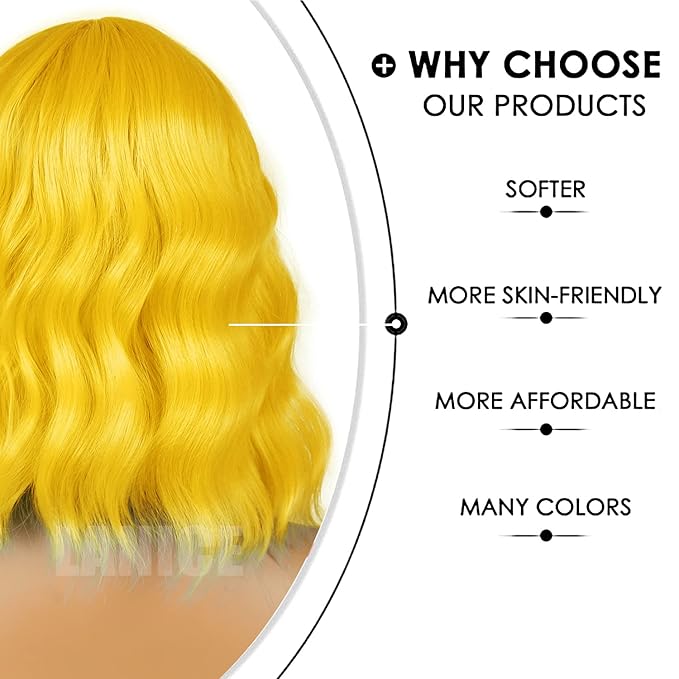LANICE Yellow Wig Short Bob Wigs with Bangs for Women Loose Wavy Hair Shoulder Length Wigs Synthetic Colorful Wigs for Cosplay Daily PartyUse(Yellow，12inch)