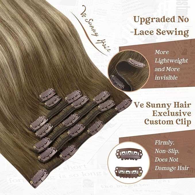 Ve Sunny Balayage Clip in Hair Extensions Real Human Hair Double Weft Remy Hair Clip in Human Hair Extensions Walnut Brown Ombre Light Brown with Blonde 18inch 120g 7pcs