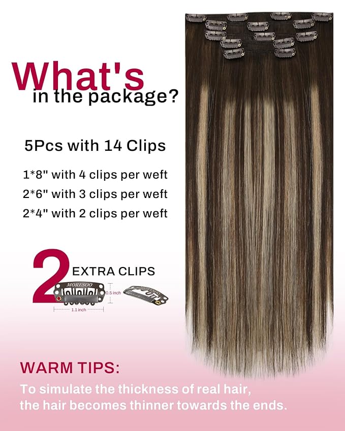 Moresoo Real Hair Extensions Clip in Human Hair Brown Ombre Blonde Mix Medium Brown Balayage Clip in Hair Extensions Long Silky Straight 5pcs 80G 22inch