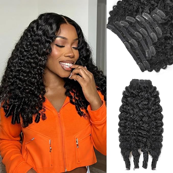 Burmese Curly Clip in Hair Extensions Real Human Hair, 8Pcs Remy Human Hair Clip in Extensions for Women, Natural Soft Human Hair, 120g 20inch #1B Natural Black