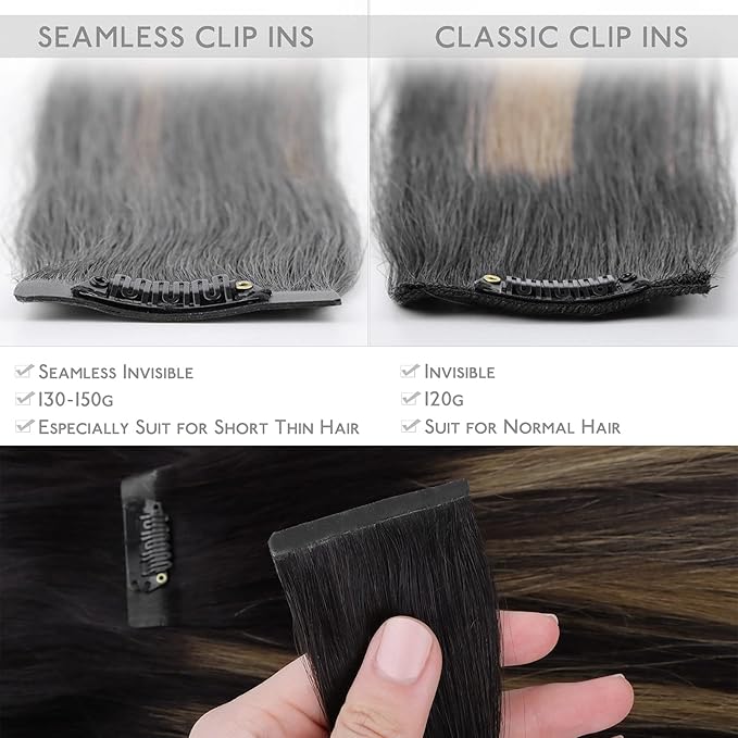 WENNALIFE Seamless Clip In Hair Extensions, 20 Inch 150g 7pcs Natural Black Mixed Chestnut Brown Hair Extensions Clip in Human Hair Invisible PU Skin Weft Natural Remy Human Hair Extensions