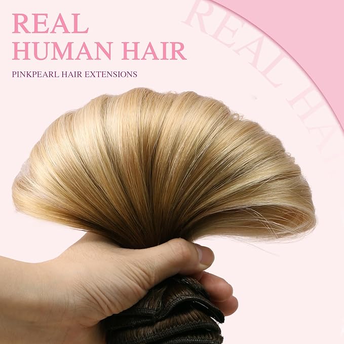 PINKPEARL Clip in Hair Extensions Real Human Hair, Remy Human Hair Extensions Clip ins, 16inch 120g 7Pcs, #4/27/60 Balayage Chocolate Brown to Caramel Blonde and Platinum Blonde(#4/27/60-16)