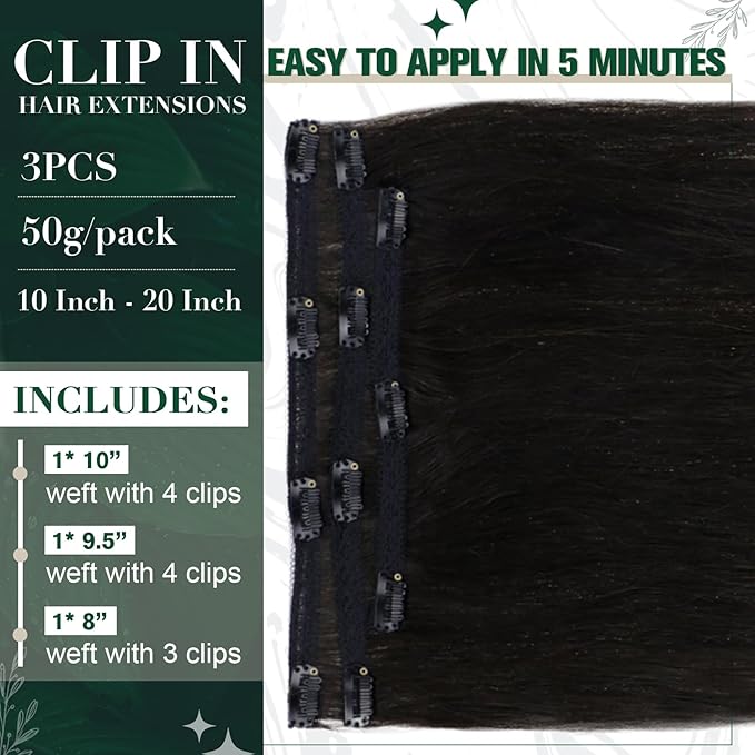 RUNATURE Real Human Hair Clip in Extensions Black, 10 Inch Clip in Hair Extensions, Short Hair Extensions Clip Ins, Remy Natural Hair For Women, Easy To Apply, 50g 3pcs #1B Off Black