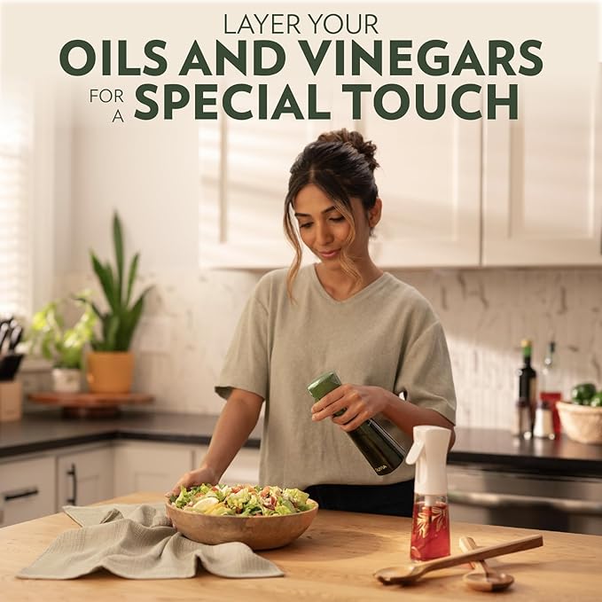 FLAIROSOL OLIVIA Oil Sprayer for Cooking, 2 Pack Green Glass Olive Oil Sprayer, 200ML Oil Dispenser for Kitchen, Continuous Oil Spray Bottle with Portion Control for Air Fryer, Salad, BBQ