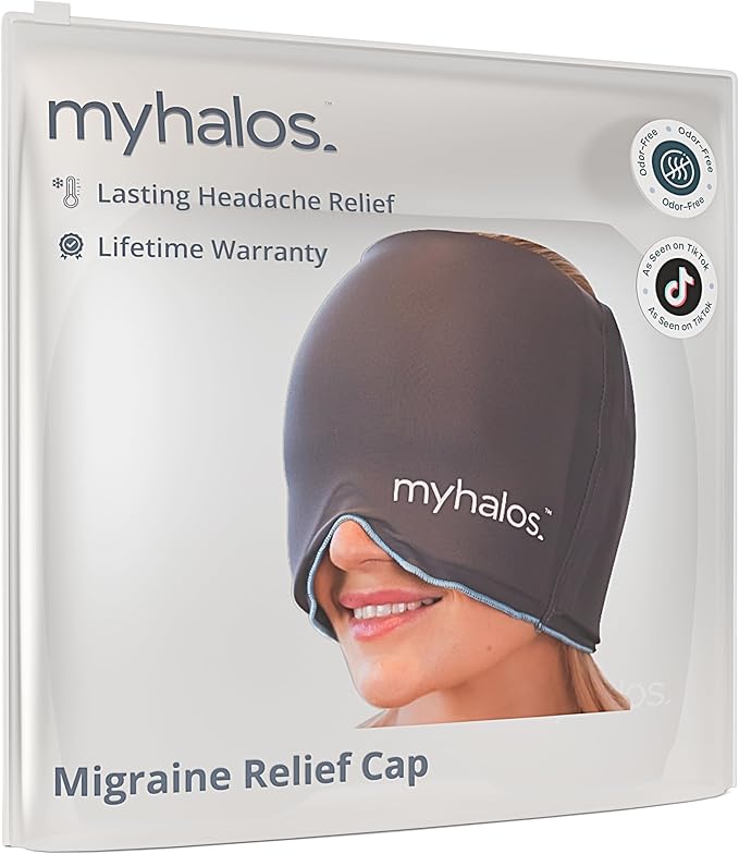 MyHalos® Migraine Relief Cap, 30% Thicker, 2X More Cooling Gel - Stays Colder for Longer, Ice Hat, Ice Pack Head Wrap, Cold Headaches & Migraine Mask - Hangover, Tension Headache Relief Cap (Gray)
