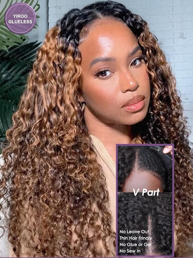 YIROO EasiContour V Part Wigs Ombre Brown Glueless Human Hair Upgrade U Part Wig with Dark Roots Highlight V Shape Clip Wigs Beginner Friendly with Drawstring Ready to Wear Chestnut Brown Color 26Inch