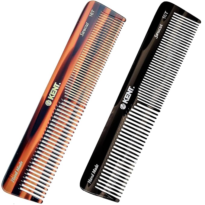 Kent 16T Tortoiseshell and Graphite, Fine and Wide Tooth for Daily Grooming, Handmade Styling Comb for All Hair Types, Wet and Dry Hair Detangling Comb, Saw Cut Hand Polished, Made in England