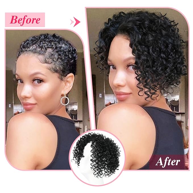 Natural Afro Kinky Curly Short Hair Toppers with Bangs Black Clip in Synthetic Wiglets Hair Pieces for Men and Women with Thinning Hair Instant Volume and Style(1B/Gray)