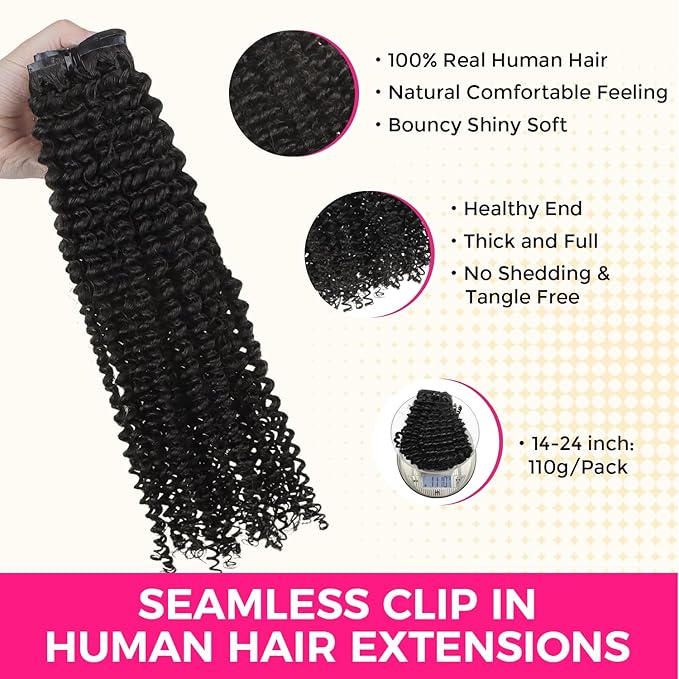 Lashey Kinky Curly Clip in Hair Extensions 110g 7pcs 16 Inch Natural Black Seamless Clip in Hair Extensions Human Hair with Soft Invisible PU Weft for Women