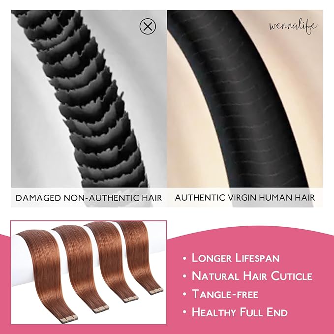 WENNALIFE Tape in Hair Extensions - Human Hair Dark Auburn Copper, 10pcs 30g 22 inch Remy Invisible Tape Ins Straight Colored Soft Real Human Hair Refill Set