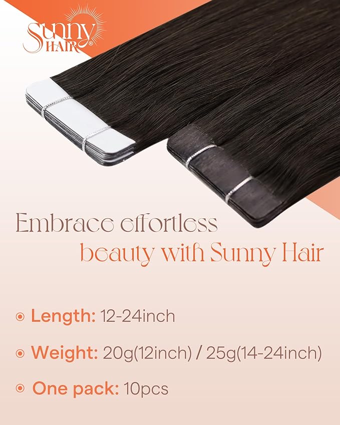 Sunny Hair Tape in Hair Extensions Real Human Hair Invisible Remy Hair Extensions Tape ins for Women Darkest Brown 24 inch 25G